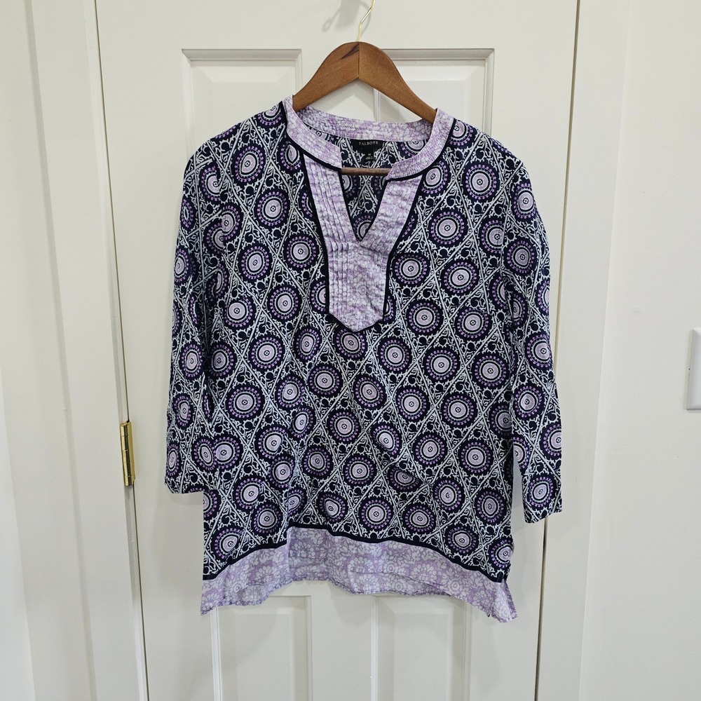 Talbots Womens Navy Purple Cotton Medallion Print 3/4 Sleeve Tunic Blouse M